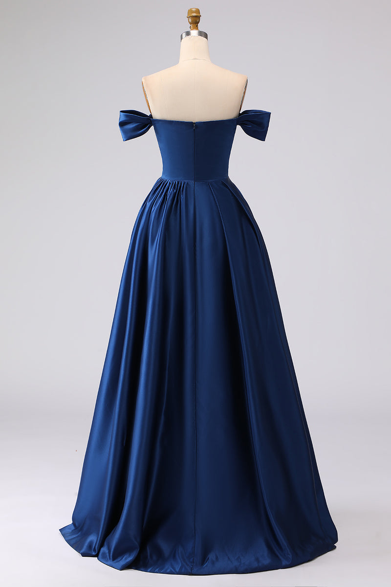 Load image into Gallery viewer, Navy Plus Size Off the Shoulder Long Satin Formal Dress with Slit