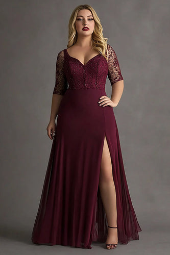 Burgundy Plus Size A Line Embroideried Formal Dress with Slit
