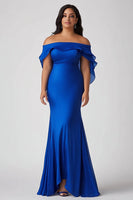 Load image into Gallery viewer, Royal Blue Off the Shoulder Sheath Long Plus Size Formal Dress