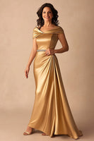 Load image into Gallery viewer, Gold Off the Shoulder A Line Long Formal Dress