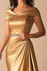Load image into Gallery viewer, Gold Off the Shoulder A Line Long Formal Dress