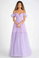 Load image into Gallery viewer, Off the Shoulder Lilac A Line Tulle Long Formal Dress