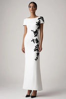 Load image into Gallery viewer, Appliqued White Sheath Long Formal Dress with Short Sleeves