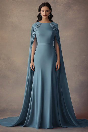 Ruched Grey Blue Round Neck Long Formal Dress with Shawl