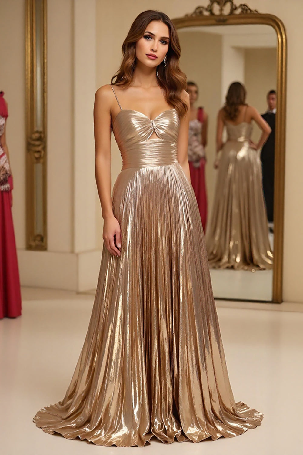 Champagne Metallic A Line Pleated Long Prom Dress