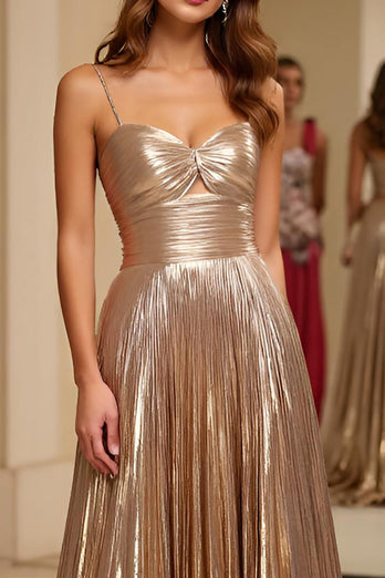 Champagne Metallic A Line Pleated Long Prom Dress