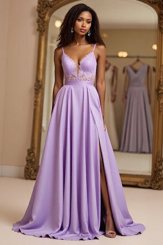 Lilac A Line Spaghetti Straps Long Prom Dress with Lace