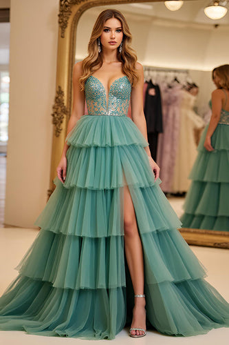 Green A Line Tiered Long Tulle Prom Dress with Slit