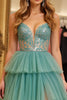 Load image into Gallery viewer, Green A Line Tiered Long Tulle Prom Dress with Slit