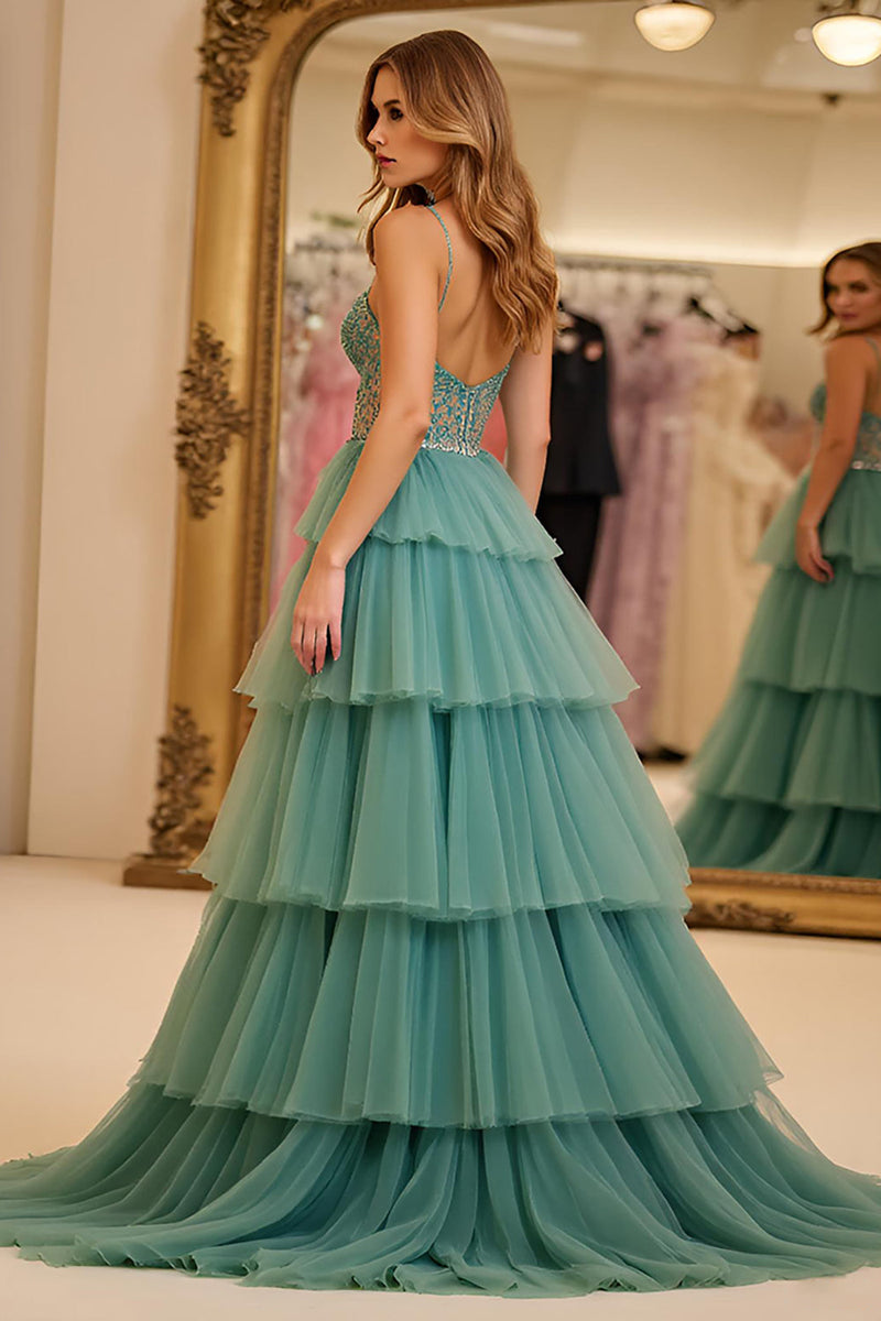 Load image into Gallery viewer, Green A Line Tiered Long Tulle Prom Dress with Slit