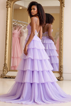 Lilac A Line Tiered Long Tulle Prom Dress with Lace