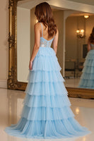 Load image into Gallery viewer, Sky Blue A Line Tiered Long Tulle Prom Dress