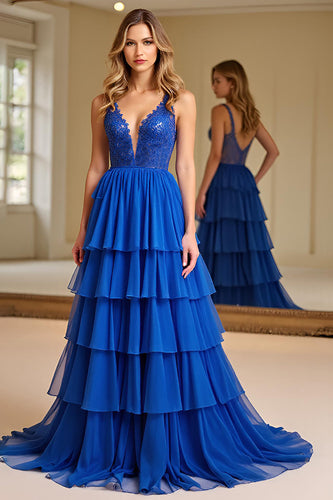 Royal Blue A Line Tiered Long Chiffon Prom Dress with Lace
