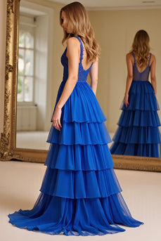 Royal Blue A Line Tiered Long Chiffon Prom Dress with Lace