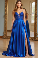 Load image into Gallery viewer, Royal Blue A Line Long Satin Prom Dress with Slit