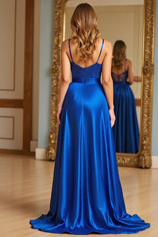 Royal Blue A Line Long Satin Prom Dress with Slit