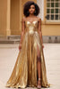 Load image into Gallery viewer, Sparkly Gold A Line Satin Backless Long Prom Dress with Slit