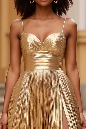 Sparkly Gold A Line Satin Backless Long Prom Dress with Slit