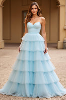 Load image into Gallery viewer, Sky Blue Ball Gown Tulle Tiered Sweetheart Long Prom Dress