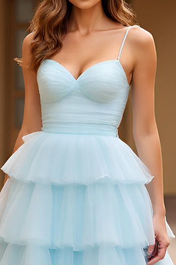Sky Blue Ball Gown Tulle Tiered Sweetheart Long Prom Dress