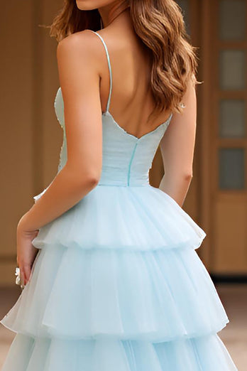 Sky Blue Ball Gown Tulle Tiered Sweetheart Long Prom Dress
