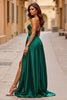 Load image into Gallery viewer, Dark Green A Line Satin Sweetheart Long Prom Dress with Slit