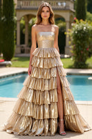 Load image into Gallery viewer, Sparkly Gold Satin A Line Tiered Long Prom Dress with Slit