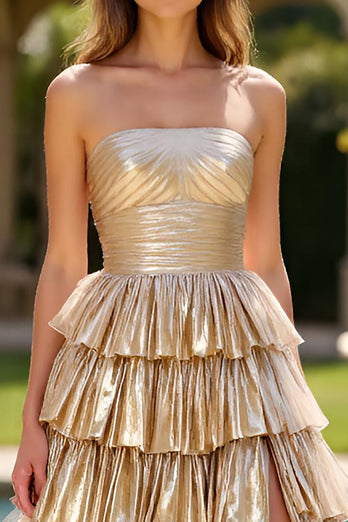 Sparkly Gold Satin A Line Tiered Long Prom Dress with Slit