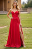 Load image into Gallery viewer, Red Satin A Line Strapless Long Prom Dress with Slit