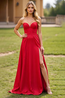 Load image into Gallery viewer, Red Satin A Line Strapless Long Prom Dress with Slit