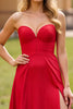 Load image into Gallery viewer, Red Satin A Line Strapless Long Prom Dress with Slit