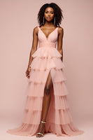 Load image into Gallery viewer, Pink Tulle A Line Tiered Backless Long Prom Dress with Slit
