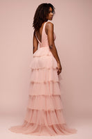 Load image into Gallery viewer, Pink Tulle A Line Tiered Backless Long Prom Dress with Slit
