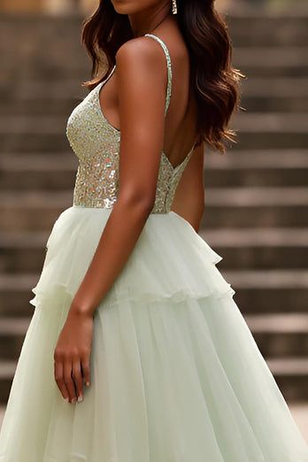 Light Green Tulle A Line V-Neck Tiered Long Prom Dress with Slit