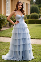Load image into Gallery viewer, Light Blue Tulle Sweetheart Tiered Long Prom Dress