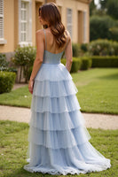 Load image into Gallery viewer, Light Blue Tulle Sweetheart Tiered Long Prom Dress