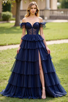 Load image into Gallery viewer, Navy A Line Tulle Off the Shoulder Long Prom Dress with Slit
