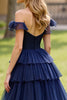 Load image into Gallery viewer, Navy A Line Tulle Off the Shoulder Long Prom Dress with Slit