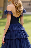 Load image into Gallery viewer, Navy A Line Tulle Off the Shoulder Long Prom Dress with Slit