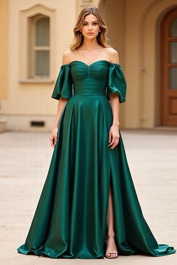 Dark Green Satin A Line Off the Shoulder Long Prom Dress with Slit
