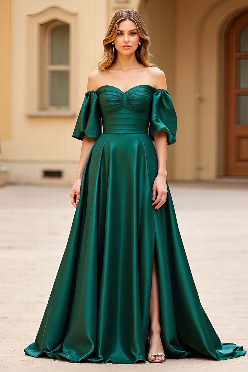 Dark Green Satin A Line Off the Shoulder Long Prom Dress with Slit