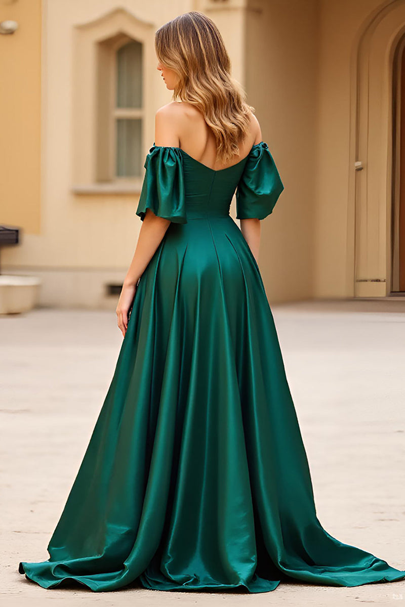 Load image into Gallery viewer, Dark Green Satin A Line Off the Shoulder Long Prom Dress with Slit