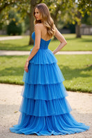 Load image into Gallery viewer, Blue A Line Tulle Strapless Tiered Long Prom Dress with Slit