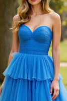 Load image into Gallery viewer, Blue A Line Tulle Strapless Tiered Long Prom Dress with Slit