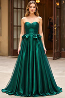 Load image into Gallery viewer, Dark Green A Line Satin Strapless Long Prom Dress with Bow