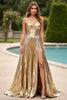 Load image into Gallery viewer, Sparkly Gold A Line Satin Strapless Long Prom Dress with Slit