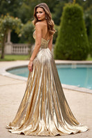 Load image into Gallery viewer, Sparkly Gold A Line Satin Strapless Long Prom Dress with Slit
