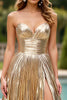 Load image into Gallery viewer, Sparkly Gold A Line Satin Strapless Long Prom Dress with Slit