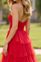 Load image into Gallery viewer, Red A Line Tulle Strapless Tiered Long Prom Dress with Slit