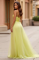 Load image into Gallery viewer, Yellow A Line Tulle V-Neck Long Prom Dress